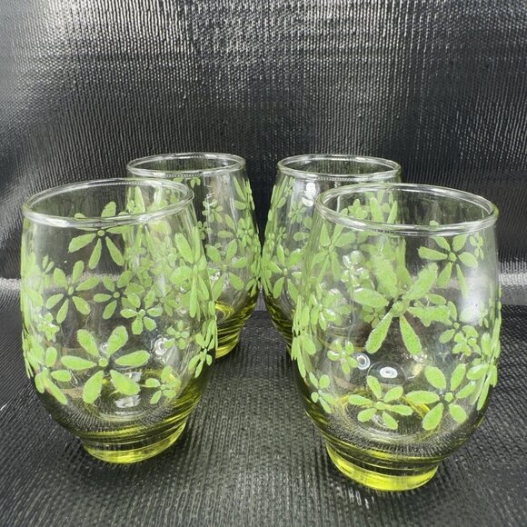 Libbey Green Lowball Glasses With Embossed Floral Design Cups Set 4 Cups 3.5inch - Picture 9 of 10